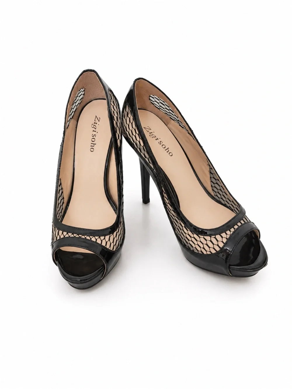 Zigi Soho Black Mesh Peep-Toe Patent Pumps with Nude Lining